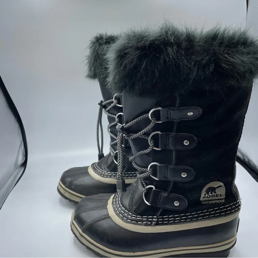 Sorel Youth Joan Of Arctic Black Oyster Duck Boots Winter Fur Lined Size 2